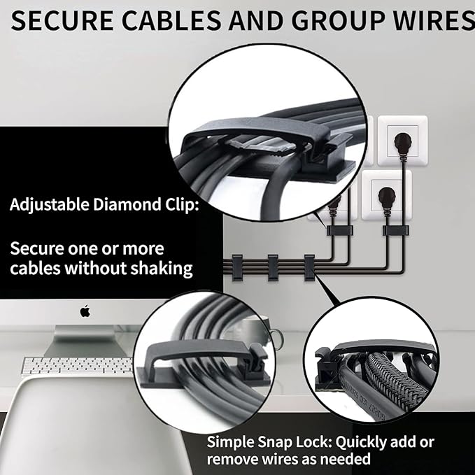 Cable Clips 50PCS, Self Adhesive Cable Management Clips, Cord Organizer Wire Clips Cord Holder for Appliances PC Wall Ethernet Cable Under Desk Nightstand Home Office Car