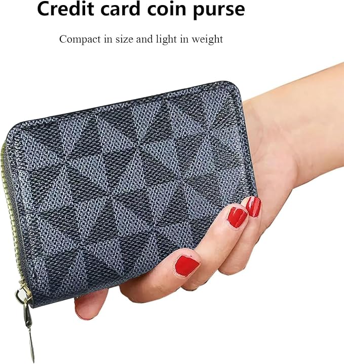 Ladies change card bag, zip storage bank card case, small portable 11 large capacity pouch, holds banknote change credit card(Triangular pattern black)