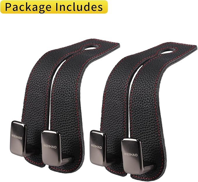 WEIHAO Car Purse Hook, Genuine Leather Car Seat Back Storage Hook, Purse Hook for Car Headrest, Twin Hook Leather Car Headrest Hangers, Bag Hook for Car, Trucks, SUVs, Most Vehicles (Black-2 PCS)