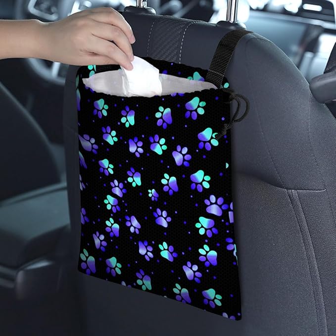 Car Trash Bag Hanging Back of Seat Waterproof Small Cute Printed One-handed Strap Drawstring Garbage Bags for Car-Paw Print