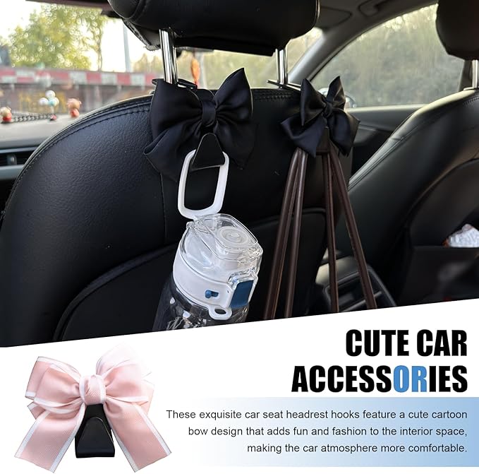 2 PCS Car Seat Headrest Hooks, Cute Bow Hooks Decor, High-Load Hanger for Purses Umbrellas, Car Interior Decoration Accessories for Women, Girls (Pink)