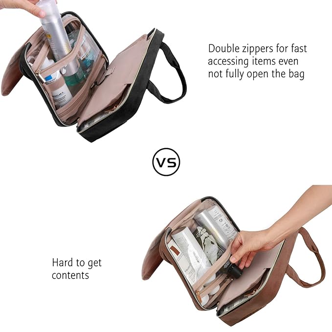 BAGSMART Toiletry Bag Travel Bag with Hanging Hook, Water-resistant Makeup Cosmetic Bag Travel Organizer for Accessories, Shampoo, Full-size Container, Toiletries (Black, Medium)