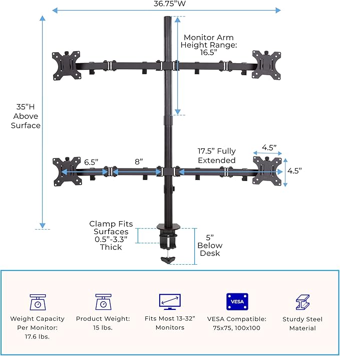 Stand Steady Clamp-On 4 Monitor Mount Desk Stand | Height Adjustable Quad Stand With Full Articulation VESA Mounts | Fits Most LCD/LED Monitors 13-32 Inches | Easy Set-Up