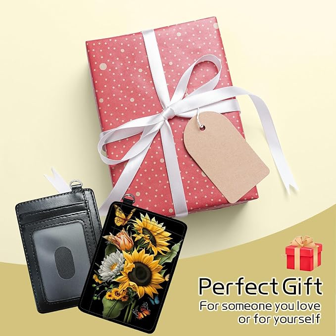Small Travel Wallets, Sunflowers Butterfly Slim Minimalist Front Pocket Wallet with Wristlet, RFID Blocking PU Leather Credit Card Holder with ID Window Change Purse for Men Women
