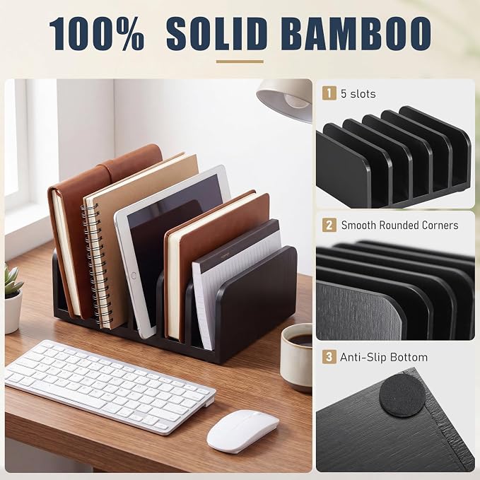 Lineshading Bamboo Letter Organizer, 5 Compartments Desk Mail Organizer, Desktop Envelope Holder and Letter Sorter, Countertop Paper File Holders with Anti Slip Mat for Home Office(Black)