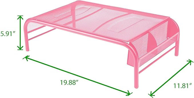 Mind Reader Monitor Stand, Ventilated Laptop Riser, Desktop Organizer, Side Storage, Metal Mesh, 20" L x 11.5" W x 5.5" H, Pink