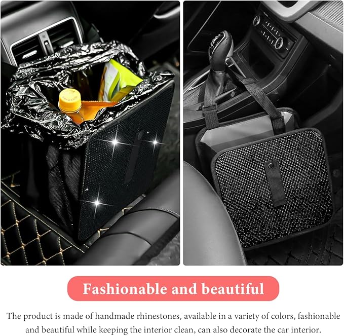 Car Foldable Trash Can, Bling Rhinestone Oxford Garbage Container Hanging Waterproof Organizer, Mini Crystal Dustbin Waste Basket Leakproof Trash Bin for Car Office Kitchen (Black)