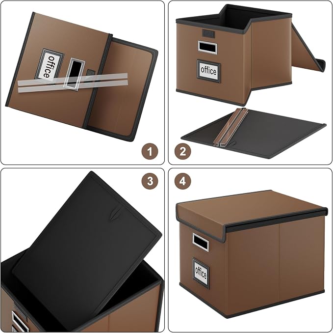 Faux Leather File Organizer Box with Lid, Collapsible Hanging File Folder Box Organizer with Plastic Slides, Decorative Home/Office Filing System Boxes for File and Folder Storage-Brown