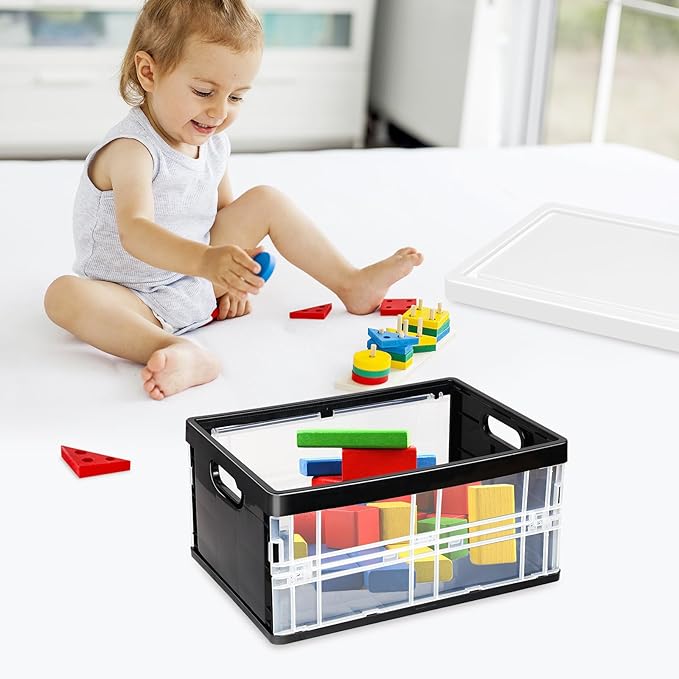 10 Quart Plastic Storage Bins With Lids, Clear Foldable and Stackable Containers Organize,Classroom Organization Tools (Black)