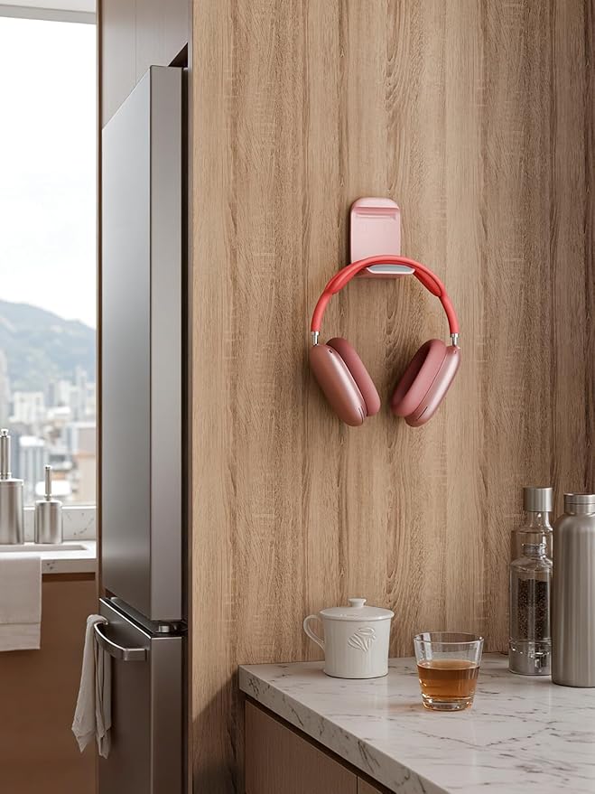 MAMUVIMO Headphone Stand, Headset Stand Foldable & Sticky, Headphone Holder Hook Mount with Non-Slip Silicone, Adhesive Earphone Desk Hanger Clip Space-Saving for Airpods Max, All Earphones- Pink