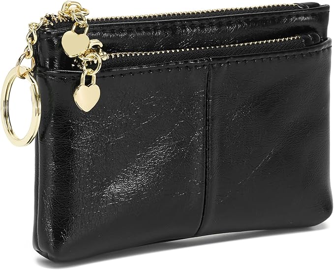 ZOOEASS Women PU Leather Zip Mini Coin Purse With Key Ring Triple Zipper Card Holder Wallet(Black)