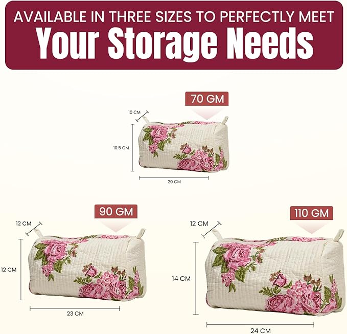 Cotton Hand Block Floral Print Toiletry Bag For Women Make Up Cosmetic Bag Jewelry Organizer Kit Storage Case Travel Accessories Essential Toiletries Purse Pouch (Cream - Set of 3, Small Medium Large)