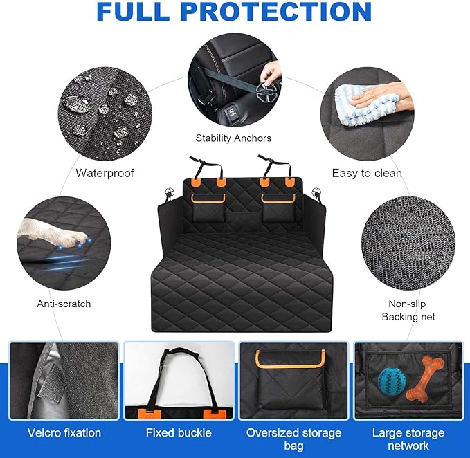 4-in-1 SUV Cargo Liner for Dogs, Non-Slip Water Resistant Pet Trunk Mat with Side Flaps Protector & Back Seat Organizer, Dog Backseat Cover for SUVs Vans