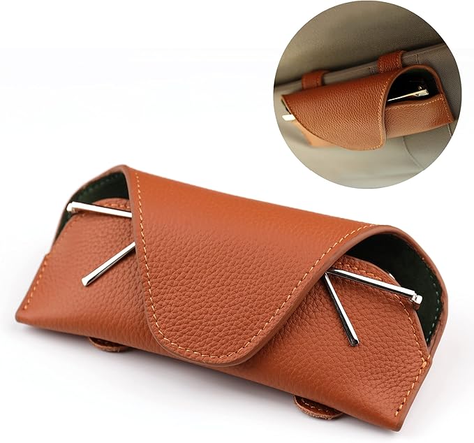 Magnetic Sunglass Holder for Car Visor Clip, Leather Car Glasses Holder, Visor Accessories Eyeglasses Holder Glasses Storage Case (02-Brown)