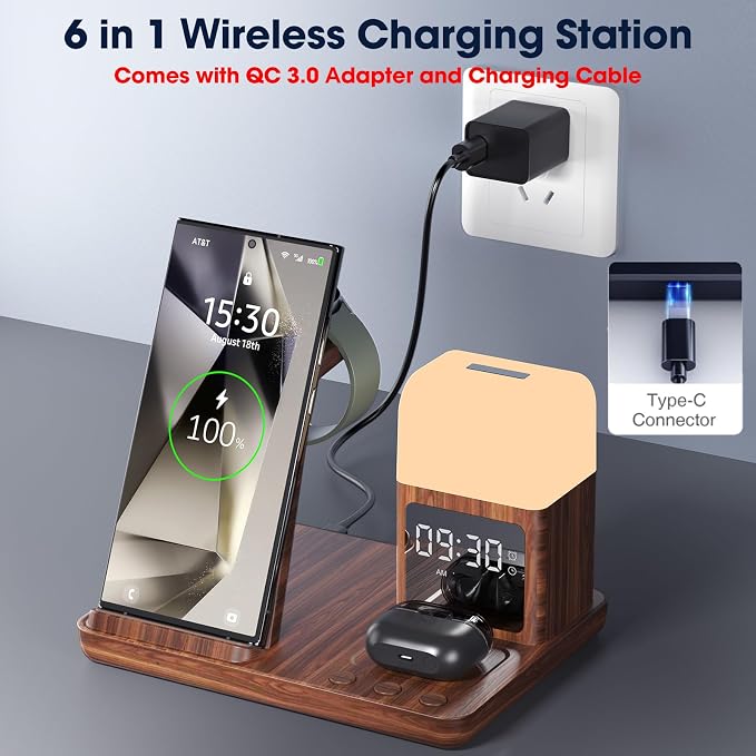 Wireless Charger for Samsung/Android, 6 in 1 Phone Nightstand Charging Station Charger with Alarm Clock/Night Light for Samsung S26/S25/S24 Ultra/Buds4,Watch Charger for Galaxy Watch 8/7/6/5