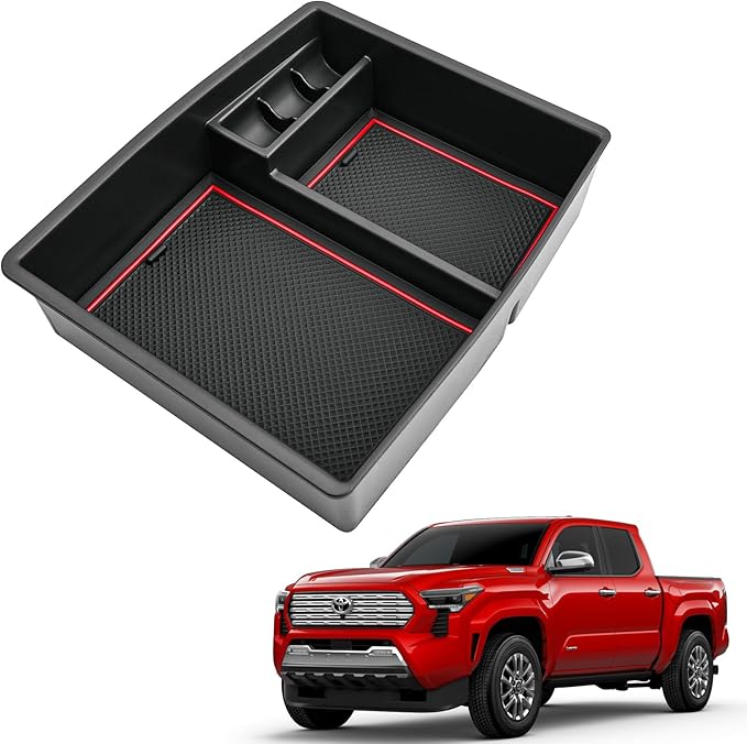 2024 2025 2026 Tacoma Center Console Organizer for Toyota Tacoma (All Trims), Durable ABS Plastic&Anti-slip Rubber Console Tray Glove Insert 2026 2025 Tacoma Accessories (with Red Mats)