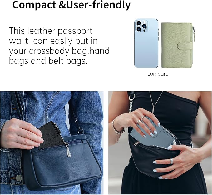 Passport wallet and Card Slot Combo RFID Blocking Slim Leather Travel Passport Wallet for Men and Women with Zippered Coins Pocket Passport holder, Light Green