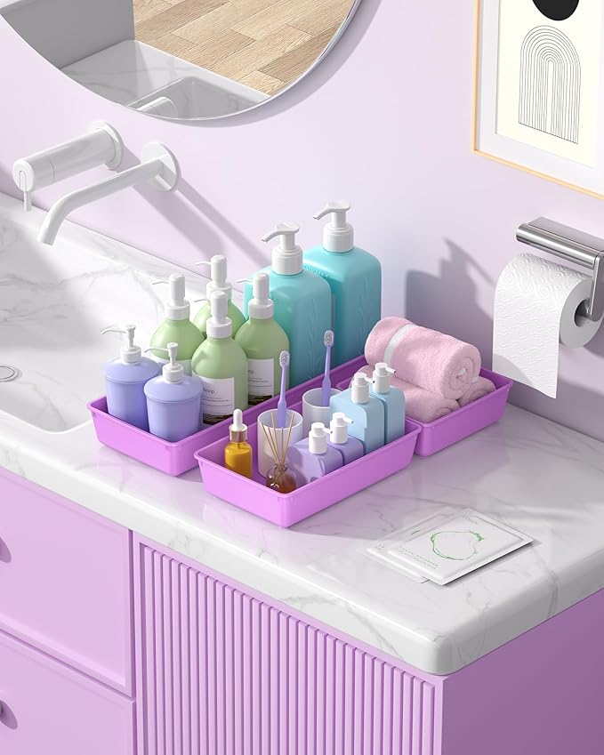 10 Pack Large Size Plastic Drawer Organizers Set, 3 Sizes Desk Drawer Organizer Trays, Storage Bins for Vanity, Makeup, Bathroom, Kitchen Utensils and Office (Purple)