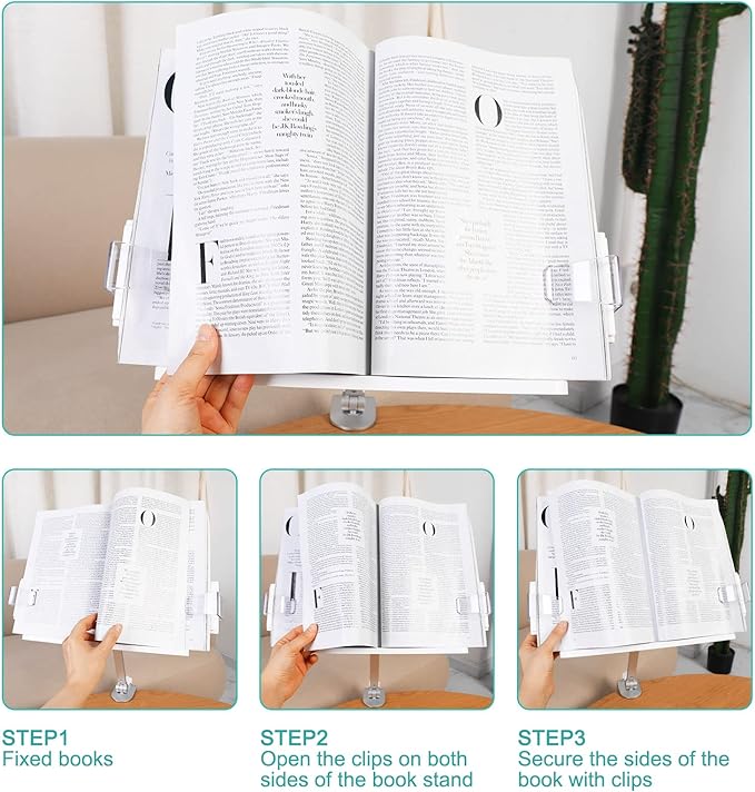 PATIKIL Book Stand for Reading, Metal Reading Rest Book Holder with Page Clips, Height Angle Adjustable, 360° Rotating Arm Suitable for Sheet Music, Laptop