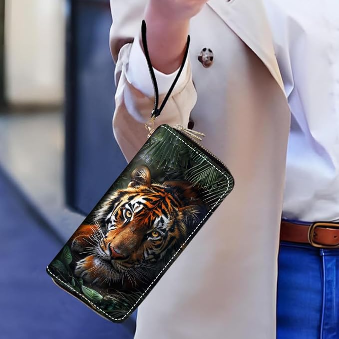 Women's Large Capacity Wallet PU Leather Double Zipper Clutch Purse Multifunctional Wallet with Removable Wristlet Strap for Smart Phone/Coin/Card/Cash - Tiger