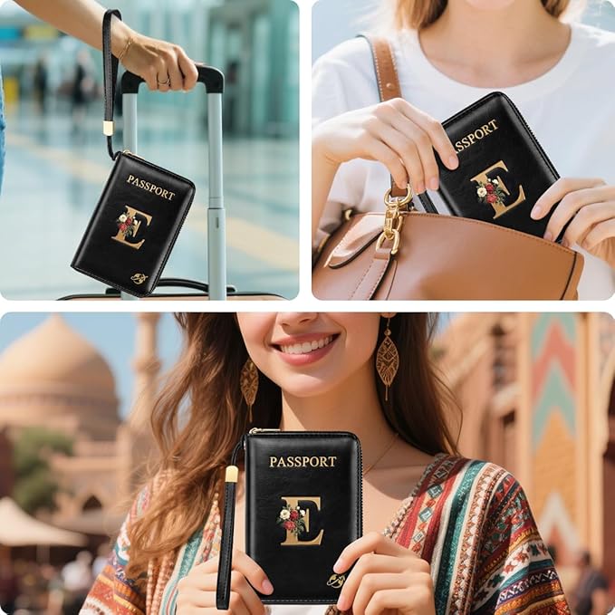 Passport Holder Cover Wallet with Zipper Personalized Initial Letter E Rose Flower RFID Blocking Travel Wallets Credit Cards Holder for Women, Gift for Wife and Girlfriend,E