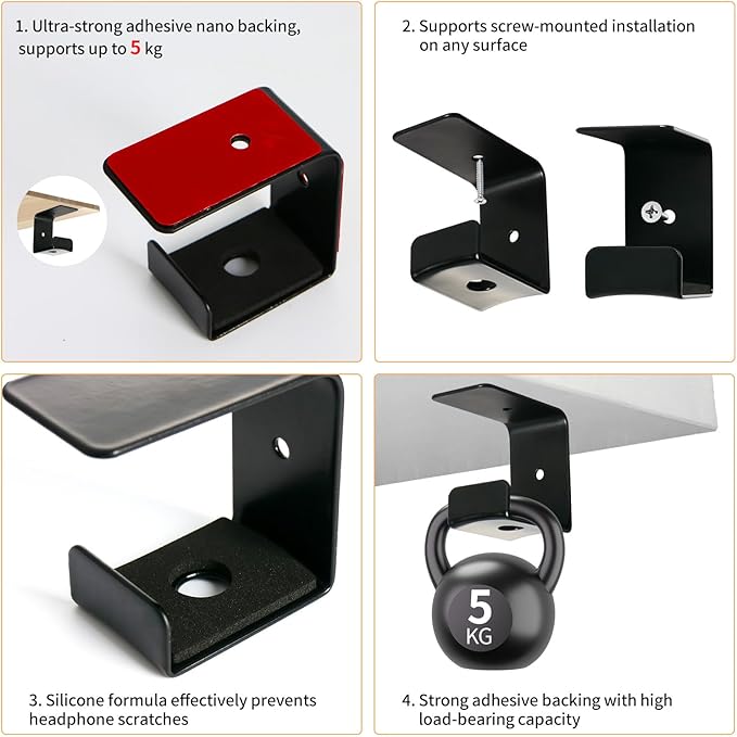2 Pack Wall Mount Headphone Stand, Adhesive & Screw Mount Headphone Hook Holder with Rubber Pad, Universal Headset Hanger for Desk, Table Edge, Gaming Setup Accessories