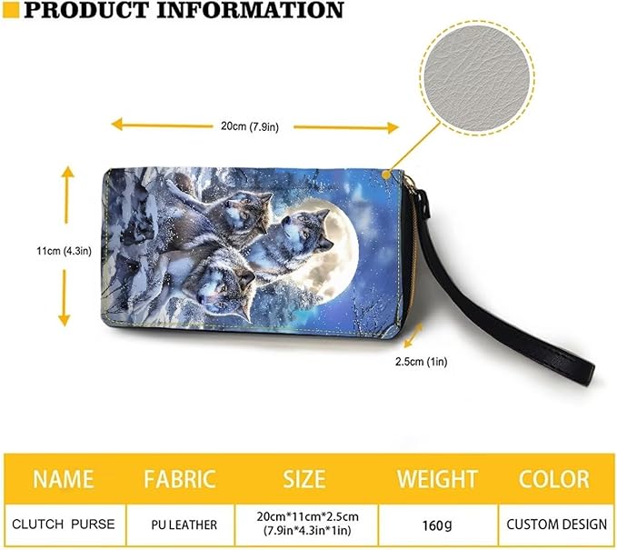 Bulopur Wolf Moon Wallet for Women Personalized Gifts for Mom PU Leather Credit Card Holder Money Long Wallet with Wristlet Large Capacity Zip-Around Phone Purse for Ladies Girly