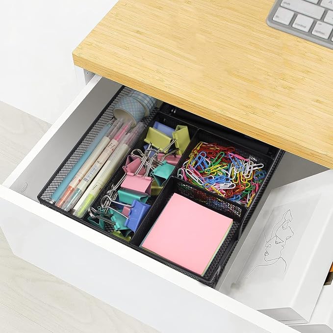 Noamus 2 Pack Desk Drawer Organizer, Metal Mesh Drawer Office Tray, 6 Compartments Pen Organizer Storage Box, Desktop Basket Accessories for Home Office School Kitchen Vanity Supplies, Black