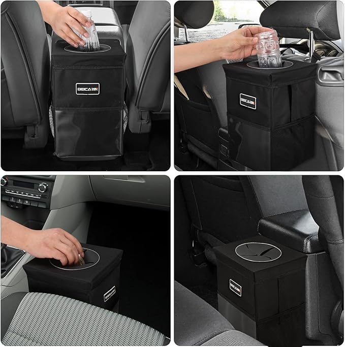 Beicarin Car Trash Can with Lid - Car Trash Bag Hanging with Storage Pockets Collapsible and Portable Car Garbage Bin, Leak-Proof Car Organizer, 1.82 Gallons Multipurpose Trash Bin for Car