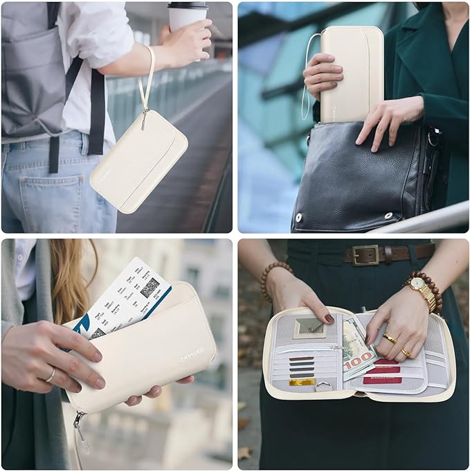 MoKo Family Passport Holder for 5, RFID Blocking Passport Wallet for Men Women, Travel Wallet Holder with Multiple Compartments, Travel Document Organzier for Cards, ID, Tickets, Keys, Beige