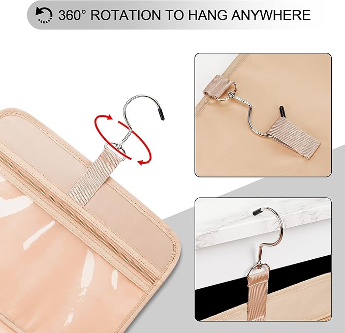 COOSKY Travel Hanging Toiletry Bag for Women, Holds Full-Size Shampoo, with Jewelry Organizer Compartment, Extra Large Makeup Bag, Waterproof Cosmetic Bag, Toiletries Kit Set with Trolley Belt, Black