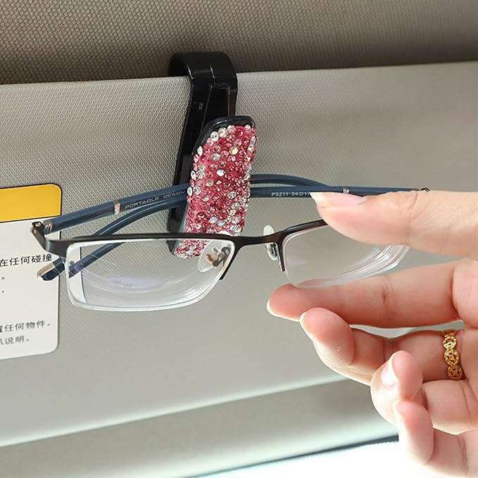 Glasses Holders for Car Sun Visor, 2 Pack Bling Crystal Rhinestones Fashion Car Eyeglasses Sunglasses Hanger Mount with Ticket Card Clip for Women Girls (Purple)