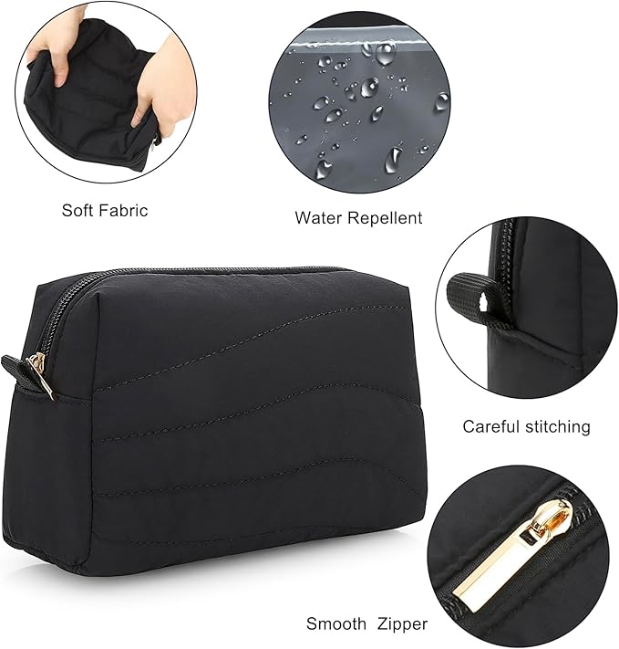 Travel Makeup Bag for Women, Small Cosmetic Bags Organizer Toiletry Bag, Nylon Pouch Travel Essentials Toiletries Accessories Brushes, Black