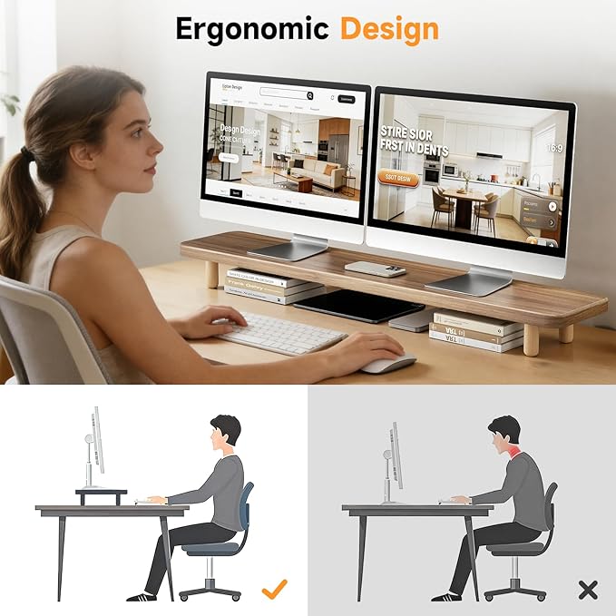 Dual Monitor Stand Riser, 39 Inch Extra Long Wooden Desktop Monitor Riser with Storage for 2 Monitors Ultra Strong Desk Shelf Organizer Riser Ergonomic for 2 Screens/Laptop/PC/TV/Printer (Light Walnut, 39inches)