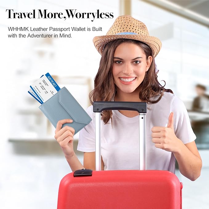 WHHMK Leather Passport Holder for Travel,Rfid Passport Holder Protect Your Card Security,Passport Book Holder for Men Women,Travel Wallet with Cards & Pen Slot,Boarding Pass,Zipper Cash Pocket (Blue)