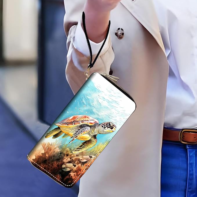 Women's Large Capacity Wallet PU Leather Double Zipper Clutch Purse Multifunctional Wallet with Removable Wristlet Strap for Smart Phone/Coin/Card/Cash - Sea Turtle