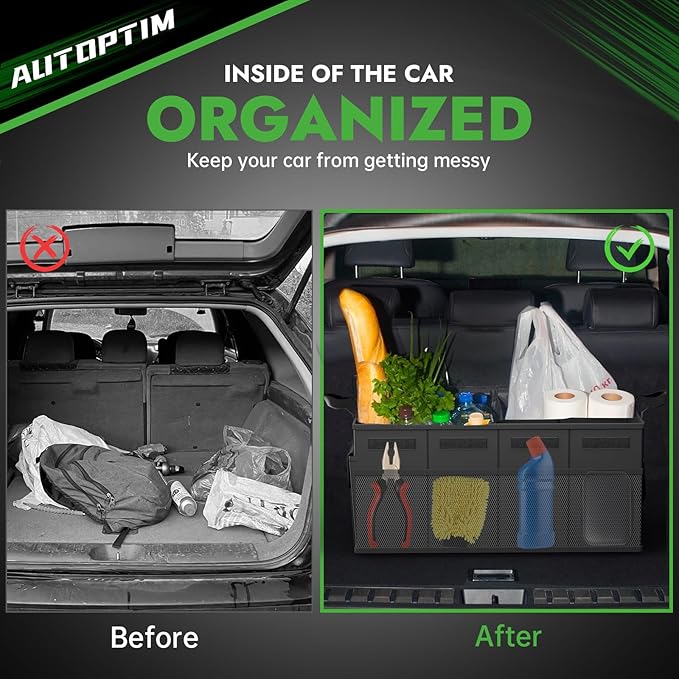 AUTOPTIM Car Trunk Organizer - 60L Collapsible Car Organizer with Non Slip Bottom for Groceries, Trunk Storage with Base Panel for SUV Sedan Van, 2 Compartments (Black, Medium)