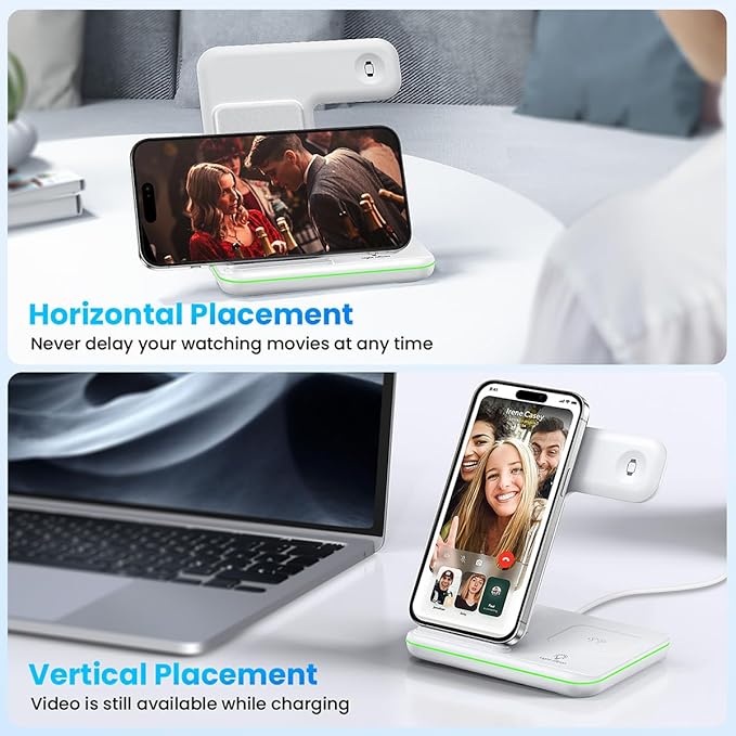 WAITIEE Foldable Wireless Charger for iPhone 17 16 15 14 13 12 11 X 8, 3 in 1 Charging Station for Apple Watch & for AirPods(White)