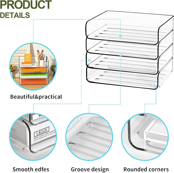 FANXIYQ 4-Tier Acrylic Paper Tray Organizer - Low-Profile Desk File Sorter for Office/Home, Clear Stackable Letter Tray for Bills, Crafts, Notebooks
