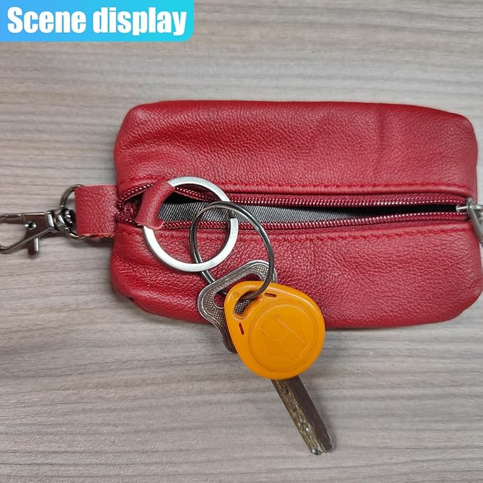 Leather Car Key Case Holder, Auto Smart Key Fob Protector Pouch with Zipper, Universal Unisex Keychain Wallet (Red)