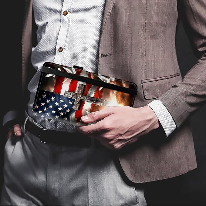 FUYOCWE Checkbook Covers for Personal Checkbook,Leather Checkbook Cover for Business/Personal Checks,RFID Blocking Check Book Cover Holder Wallets for Men Women-American Flag with Cross Dove