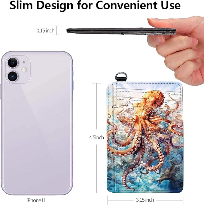 Slim RFID Blocking Card Holder Wallet with Wrist Strap - Minimalist Front Pocket Wallet, Octopus 02 Design, PU Leathe, for Men & Women, Ideal for Travel & Gifts