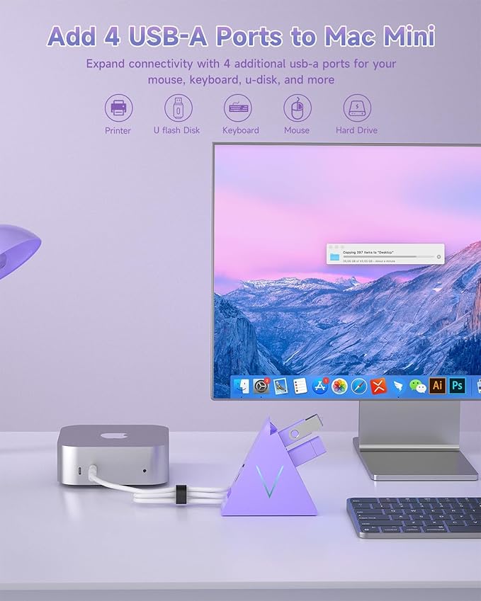 USB C Hub, USB Type C to 4-Port USB 3.0 Adapter for MacBook, Surface, Laptop, Flash Drive, Mouse, Keyboard, HDD (2ft, Light Purple)