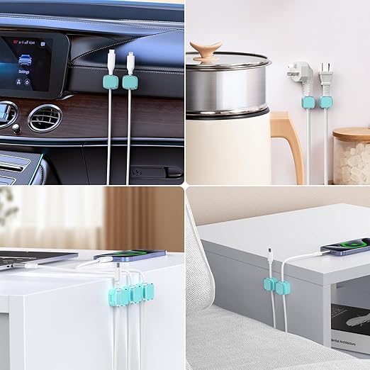 Magnetic Cord Organizer, 6 Pack Magnetic Cable Clips Under Desk Cable Management, Strong Adhesive Wire Holder Keeper for Office Home Kitchen Appliances Bedroom Car Wall Nightstand, Clear Cyan