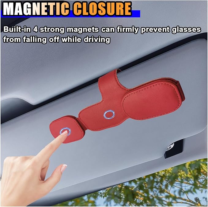 smilfuy Magnetic Leather Sunglasses Holder for Car Visor Clip, Car Sun Visor Ticket Card Clip Double Clip, Auto Glasses Eyeglass Hanger Clip, Eyeglasses Mount Interior Car Accessories (Red)