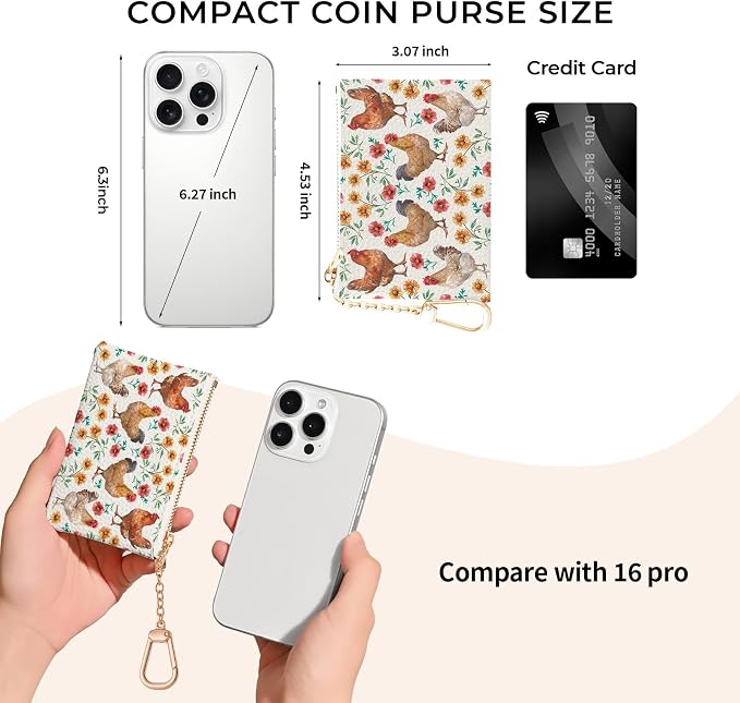 Chicken Rooster Floral Cute Keychain Coin Purse for Women, Small PU Leather Change Pouch, Zipper Little Travel Credit Card Wallet for Girls, Tiny Pocket Holder with Key Ring Ladies Gifts