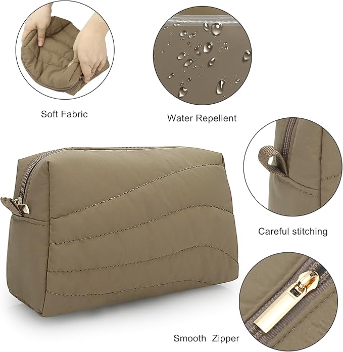 Travel Makeup Bag for Women, Small Cosmetic Bags Organizer Toiletry Bag, Nylon Pouch Travel Essentials Toiletries Accessories Brushes, Khaki