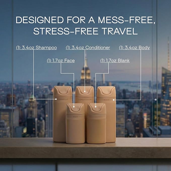 RIES Essential Refillable Toiletry Travel Bottles – Set of 5 (3.4oz & 1.7oz) Airless Pump Containers for Shampoo, Conditioner, Body, Face – Leak-Proof, TSA-Approved, Dishwasher Safe - Sand