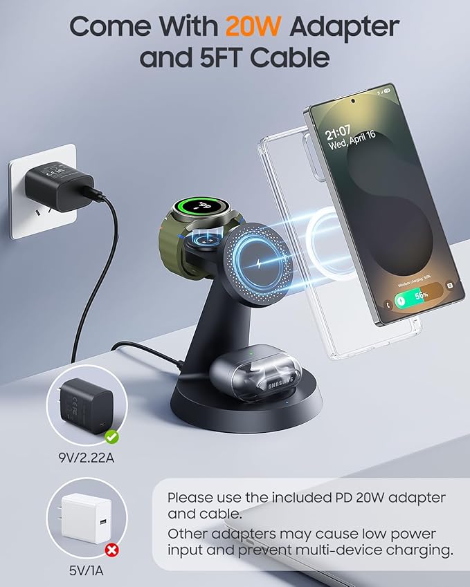 Magnetic Wireless Charger for Samsung, 3 in 1 Charging Station Compatible with MagSafe Samsung Charger for Galaxy S26 Ultra S25 Z Fold7/Flip7, Watch Charger Stand for Galaxy Watch Ultra 8 7, for Buds