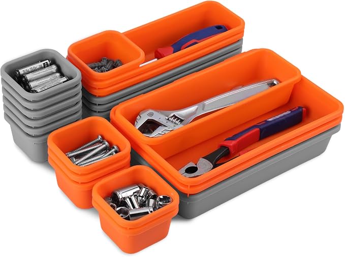 ValueMax 21 PCS Desk Drawer Organizer Set, PP Material Interlocking Drawer Organizer Bins for Office, Vanity, Garage and Bathroom, Non-Silp and Two-Tone Stackable Design, Orange & Gray